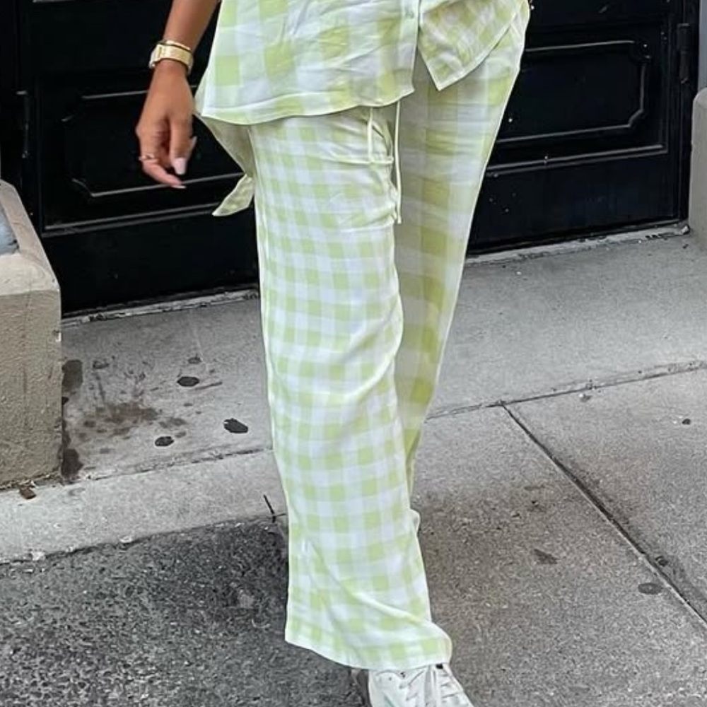 Elegant Lime Checkered Women's Trousers